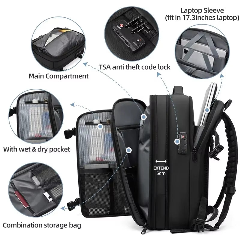 Versatile Men’s Travel Backpack: Vacuum Compression Design for 17-Inch Laptops, Large Capacity for School, Hiking, and Business